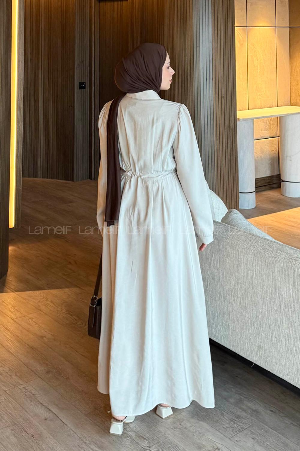 Lamelif Pile Detaylı Elbise Taş Rengi