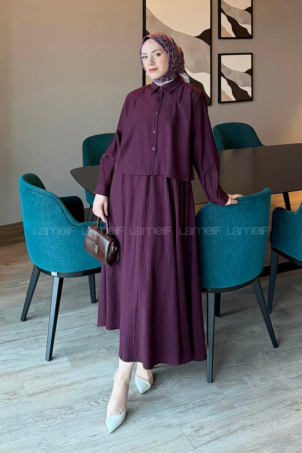 Lamelif Pileli Etekli İkili Takım Bordo