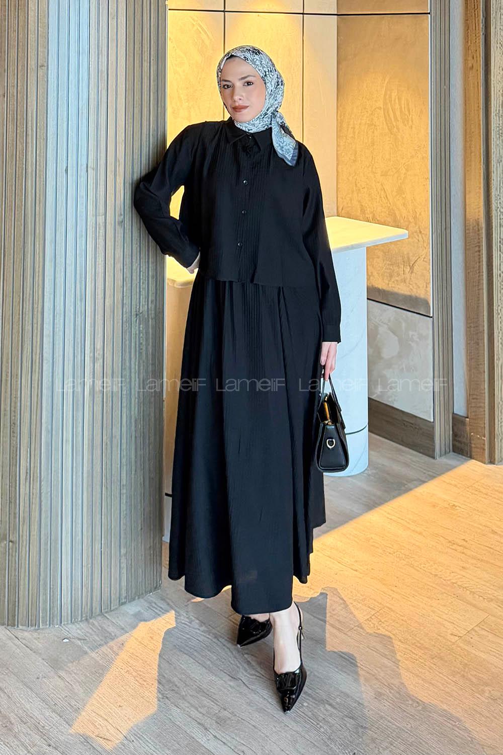 Lamelif Pileli Etekli İkili Takım Siyah