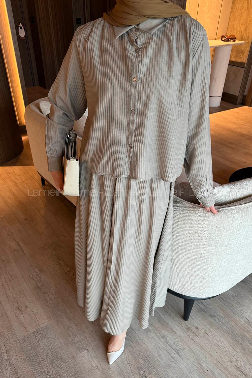 Lamelif Pileli Etekli İkili Takım Taş Rengi