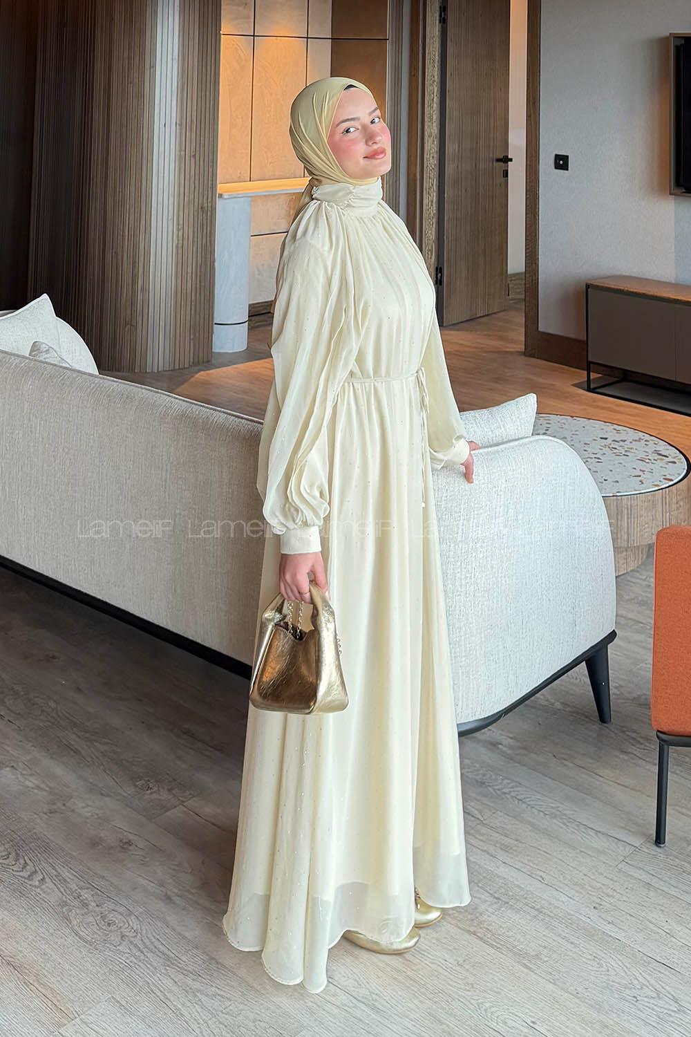 Lamelif Şifon Tesettür Elbise Bej