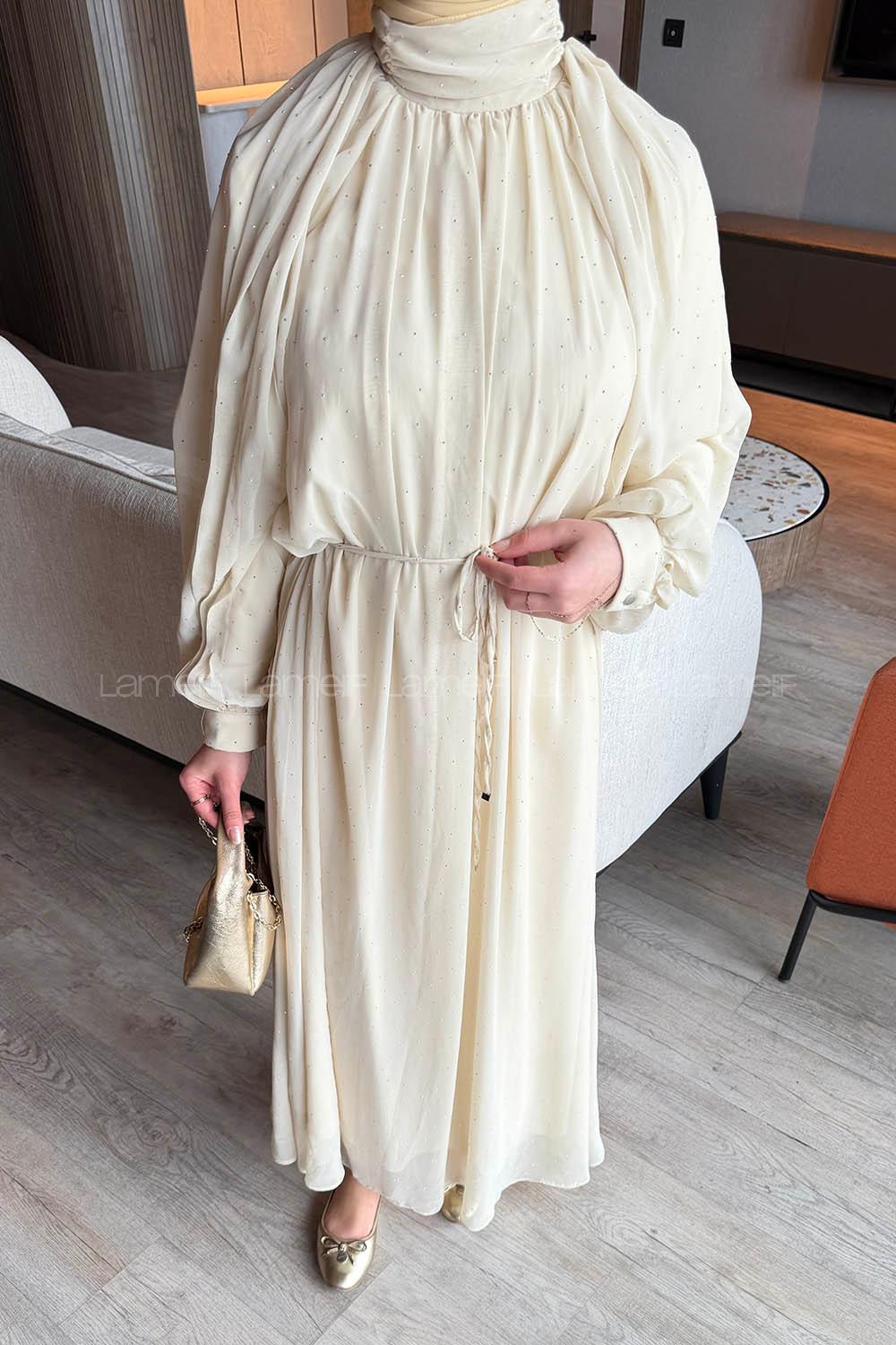 Lamelif Şifon Tesettür Elbise Bej