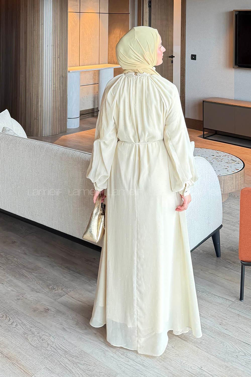 Lamelif Şifon Tesettür Elbise Bej