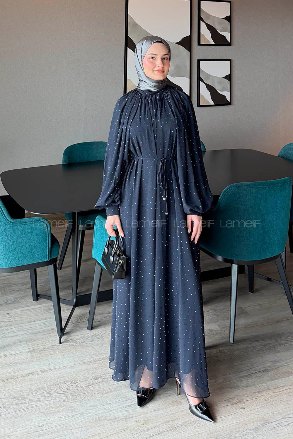 Lamelif Şifon Tesettür Elbise Lacivert