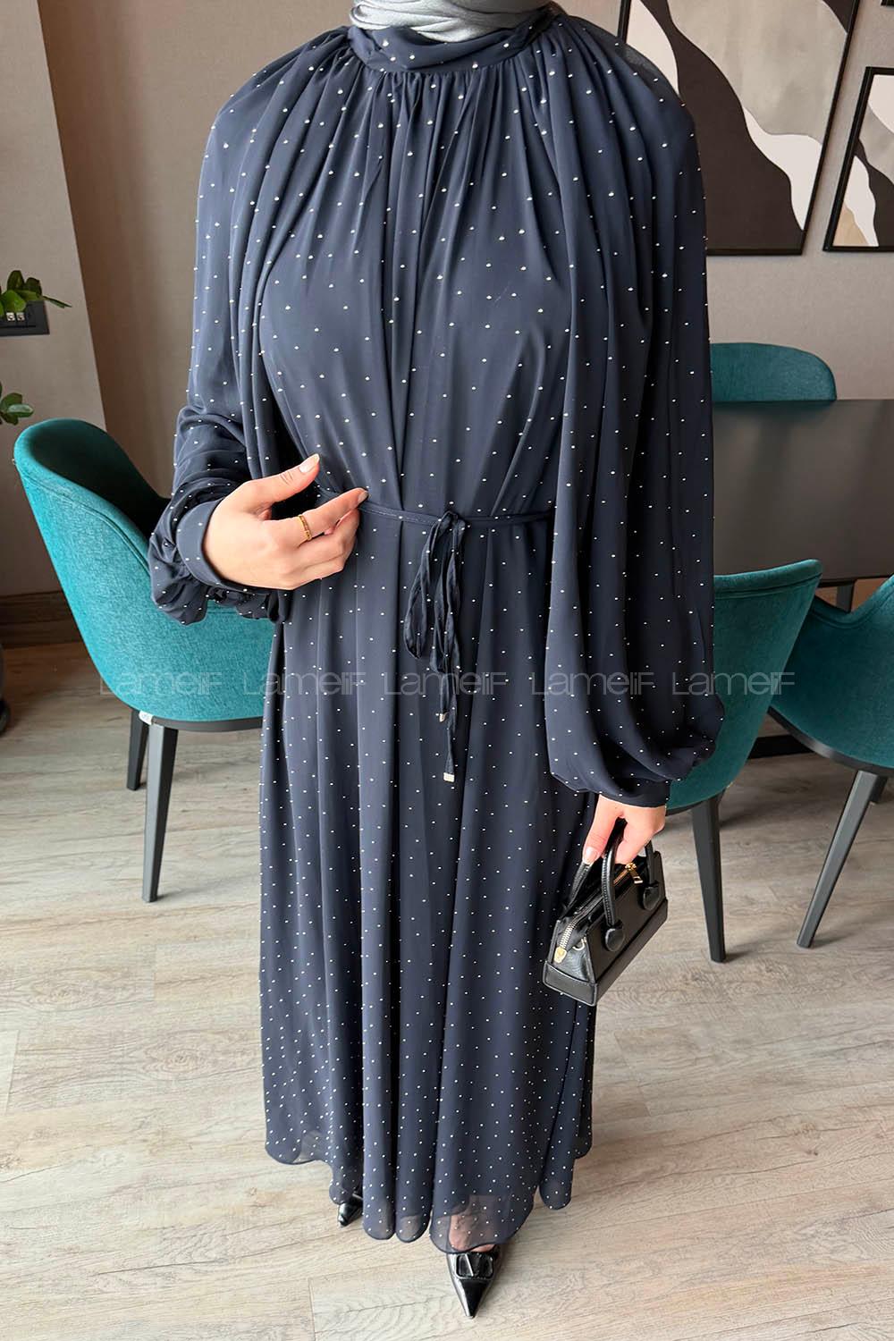 Lamelif Şifon Tesettür Elbise Lacivert