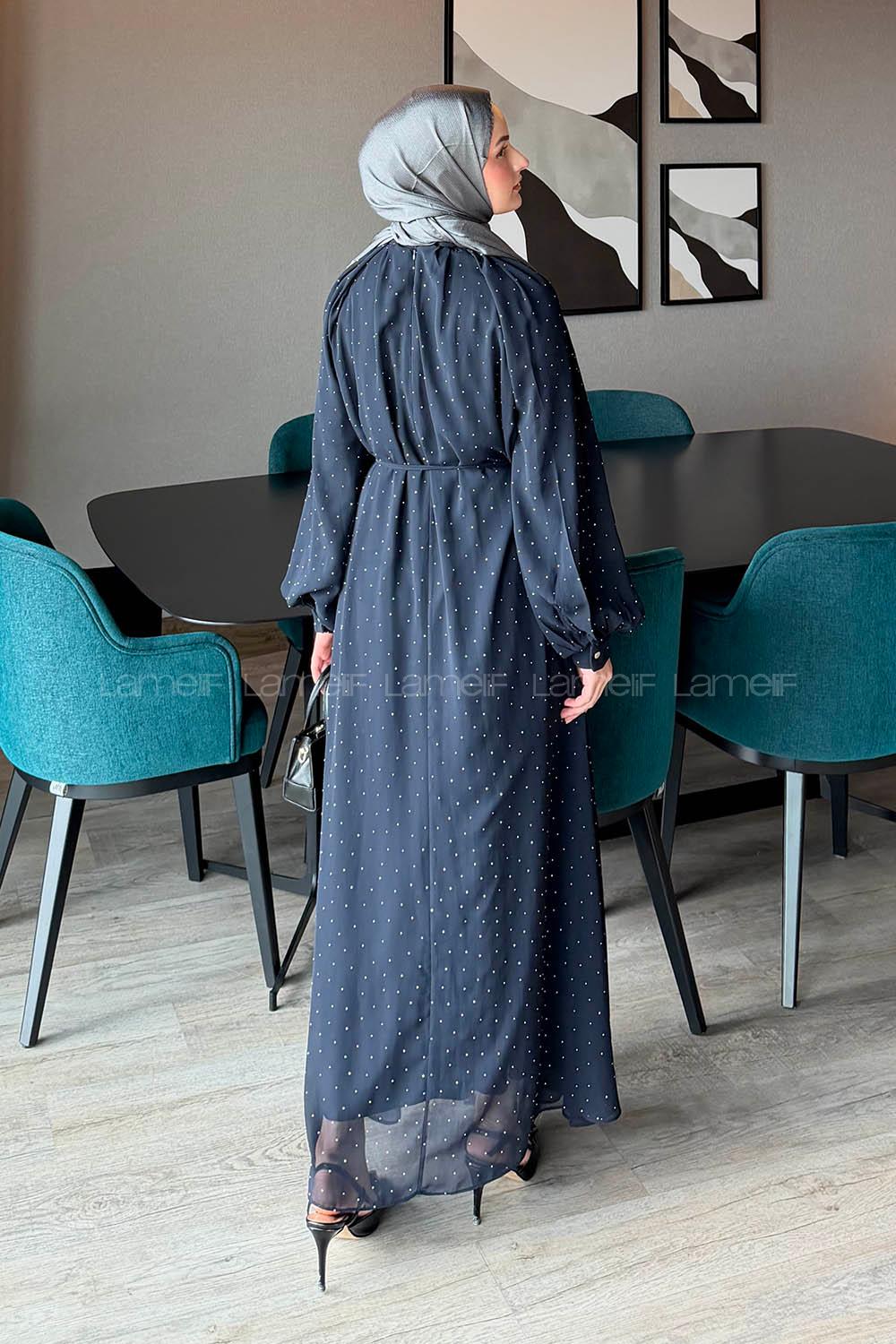 Lamelif Şifon Tesettür Elbise Lacivert