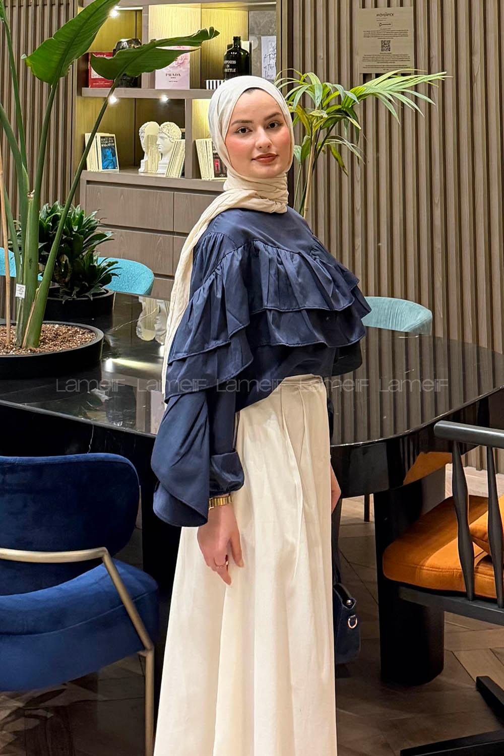 Navy Blue Crew Neck Long Arm Cotton Fabric Blouse