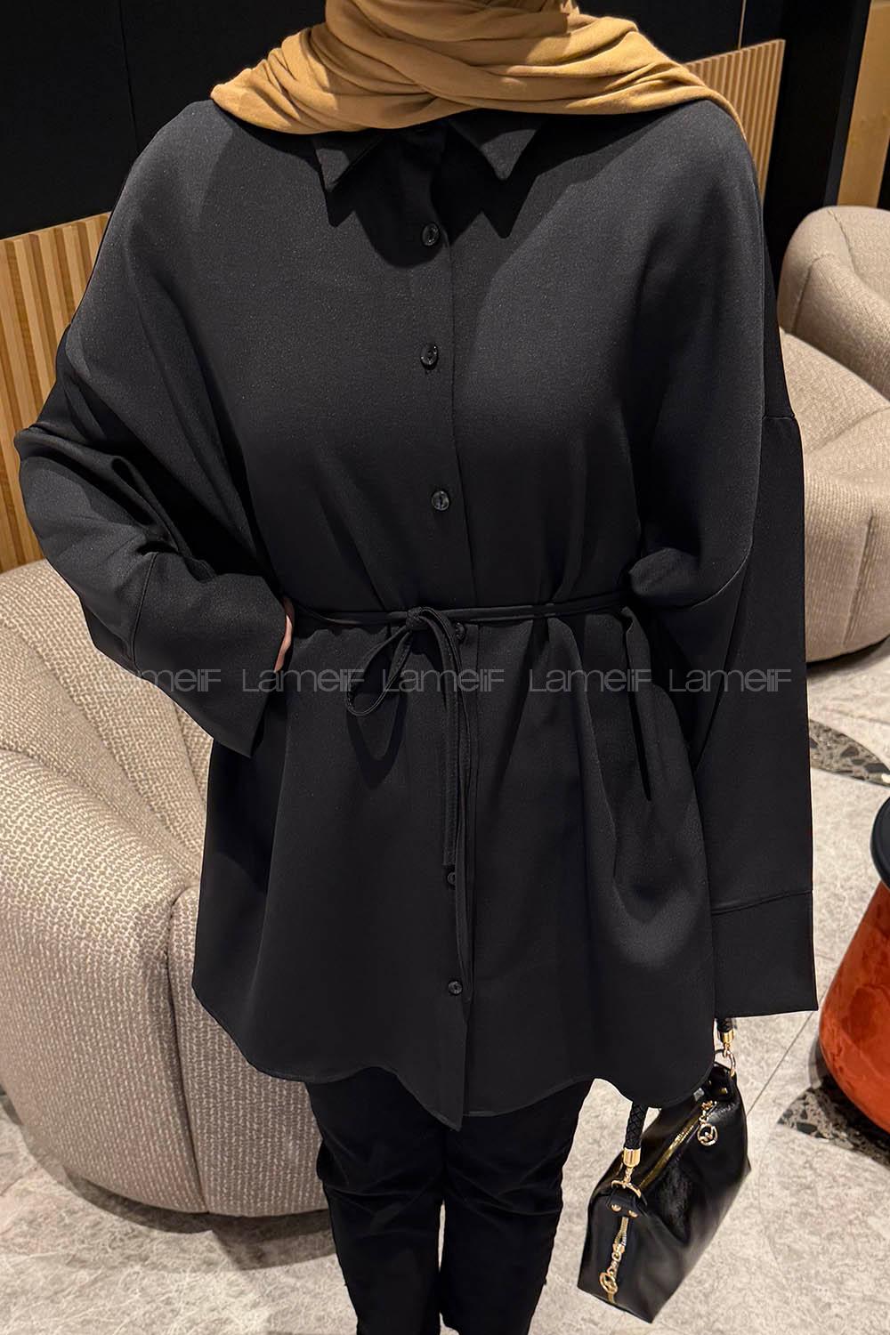 Black Shirt Collar Cotton Tunic