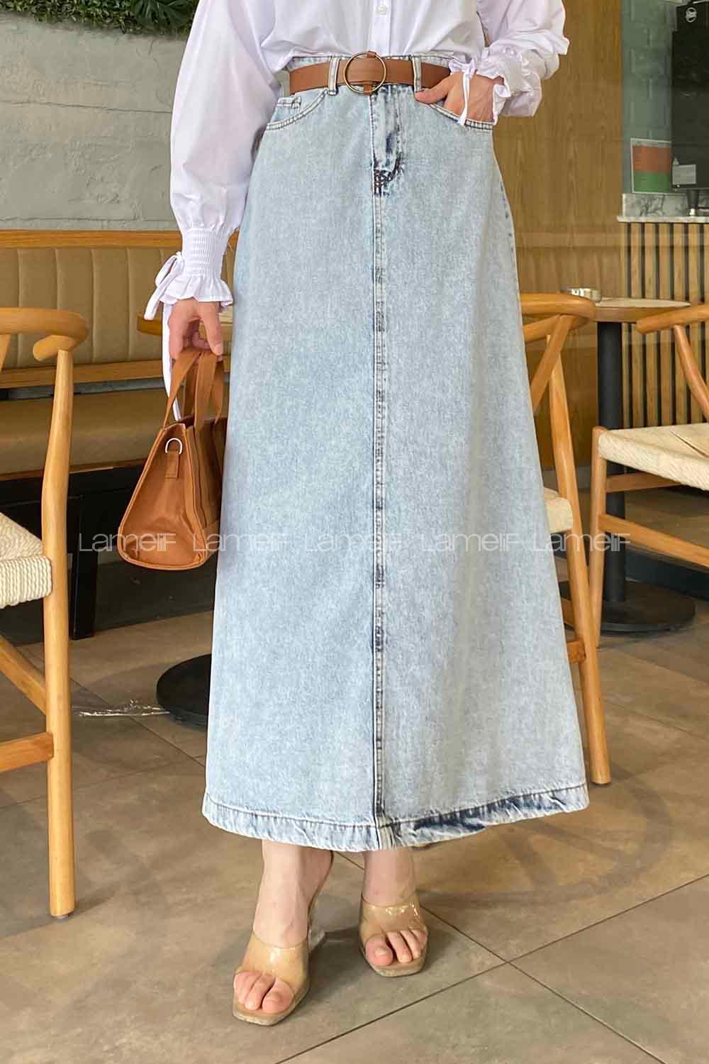 Ice Blue Denim Unprinted Straight Skirt Skirt