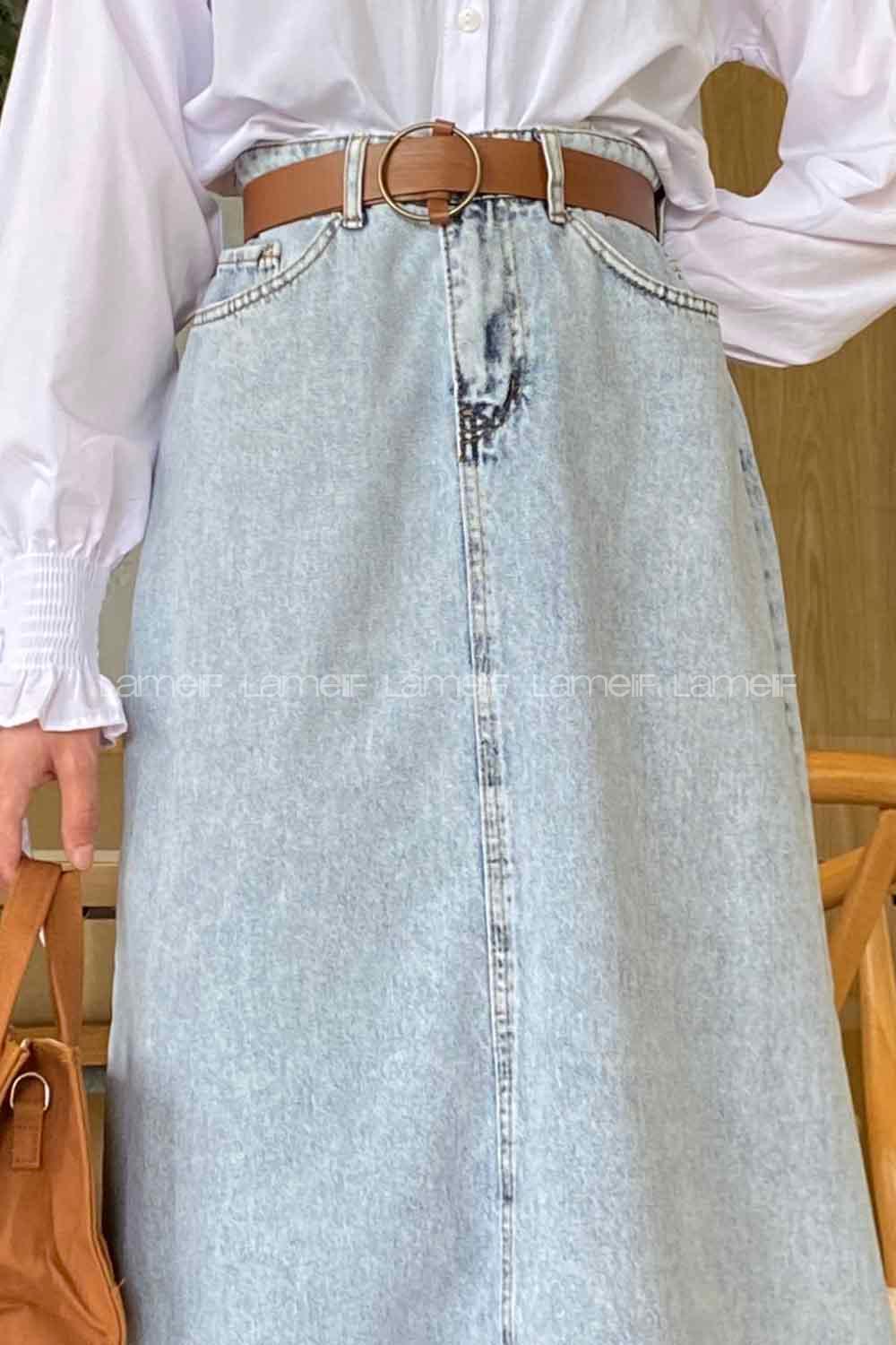 Ice Blue Denim Unprinted Straight Skirt Skirt