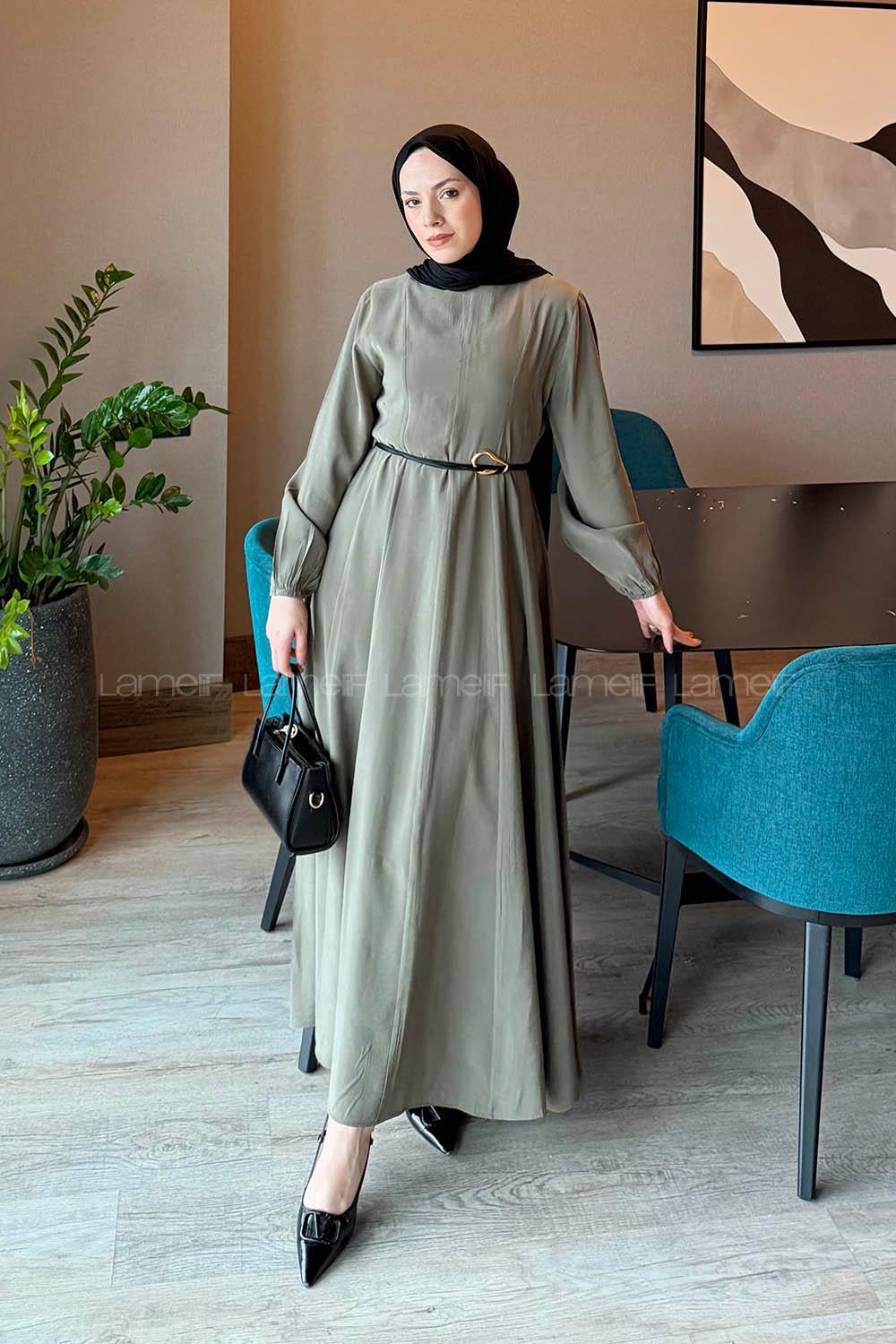 Lamelif Toka Detaylı Tensel Elbise Haki