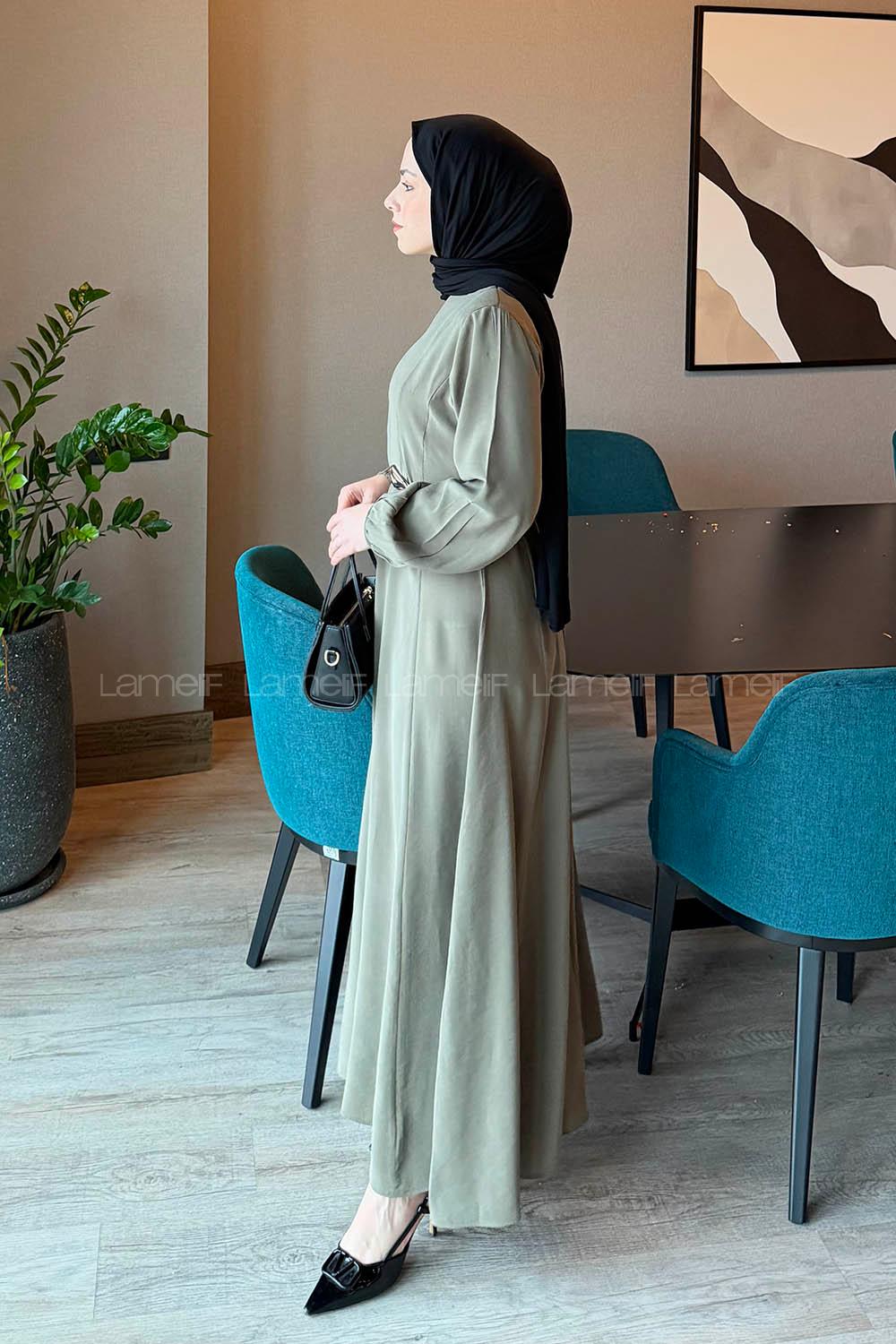 Lamelif Toka Detaylı Tensel Elbise Haki