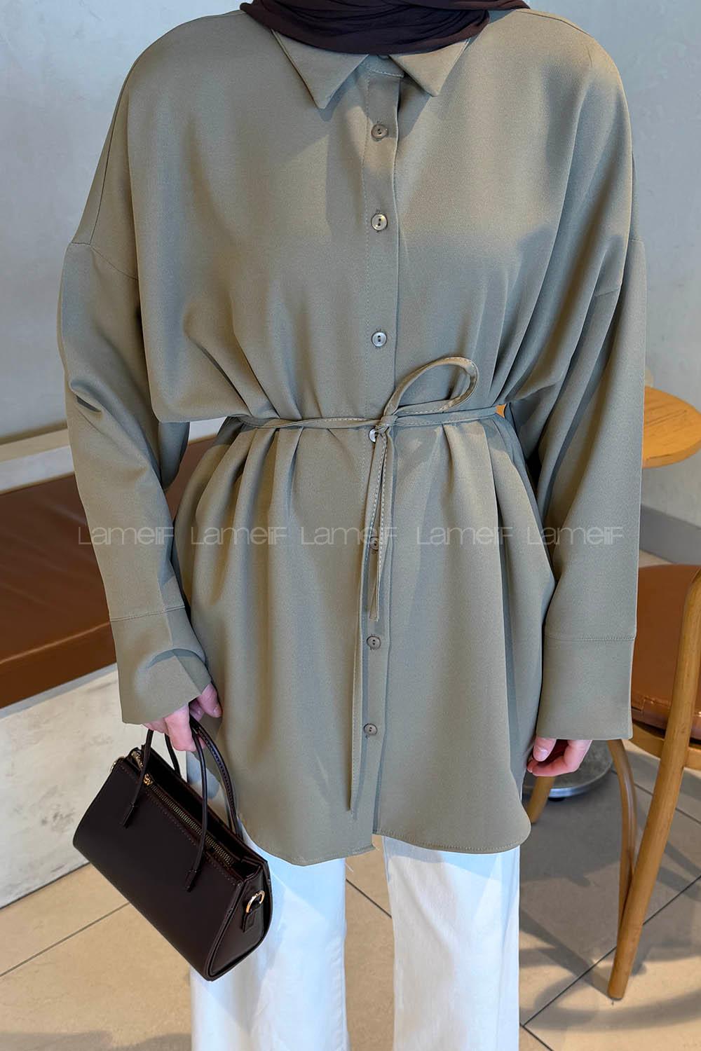 Khaki Shirt Collar Cotton Tunic
