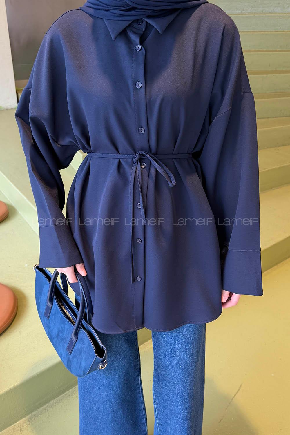 Navy Blue Shirt Collar Cotton Tunic