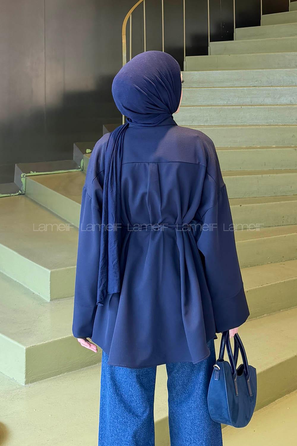 Navy Blue Shirt Collar Cotton Tunic