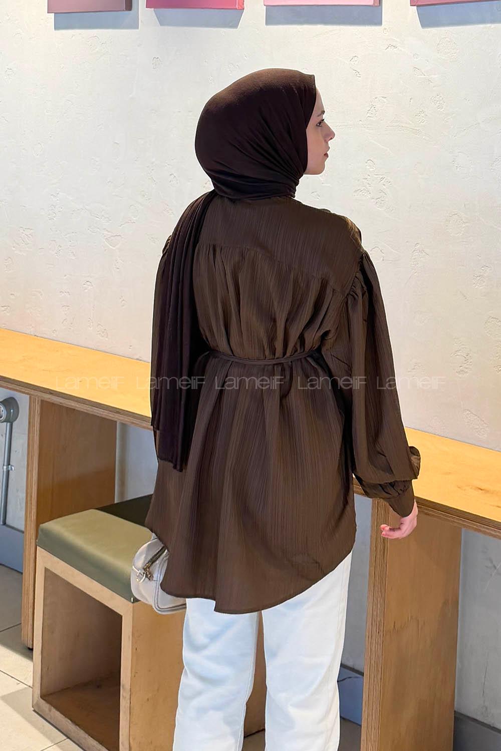 Lamelif Bağlama Detaylı Tesettür Gömlek Acı Kahve