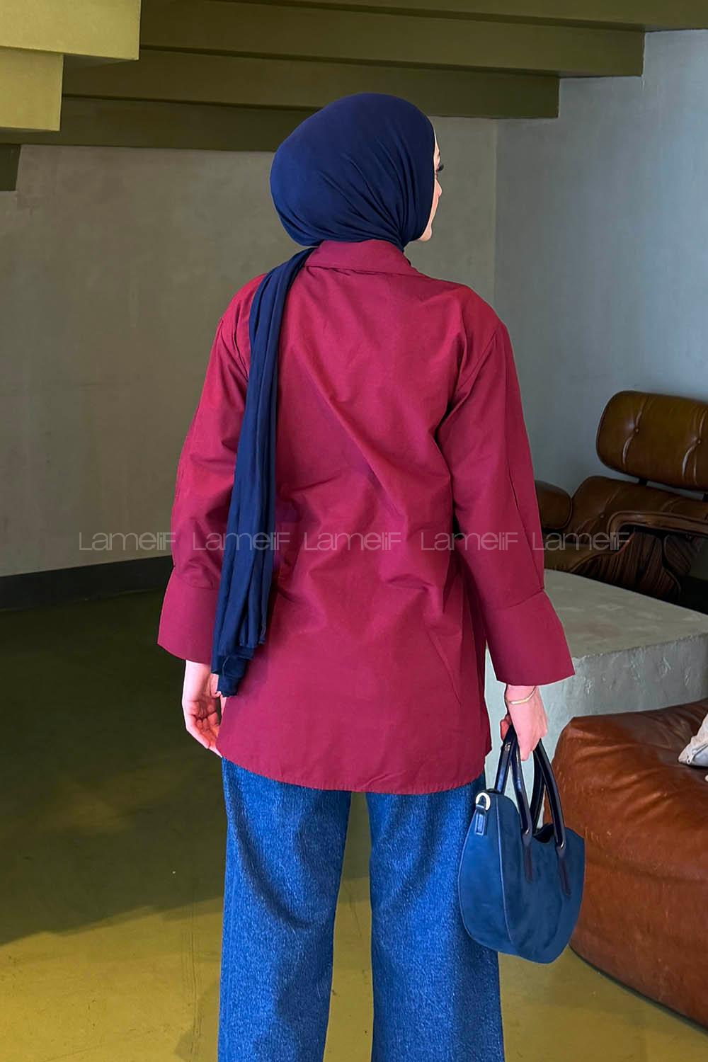 Lamelif Bağlama Detaylı Tesettür Gömlek Bordo