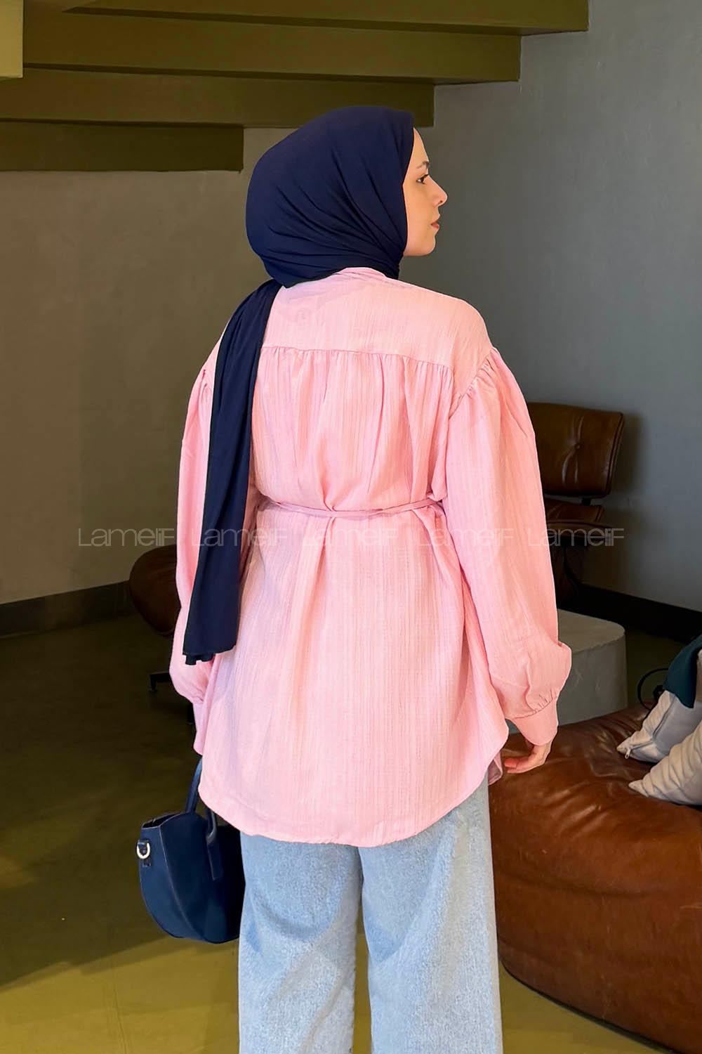 Lamelif Bağlama Detaylı Tesettür Gömlek Şeker Pembesi