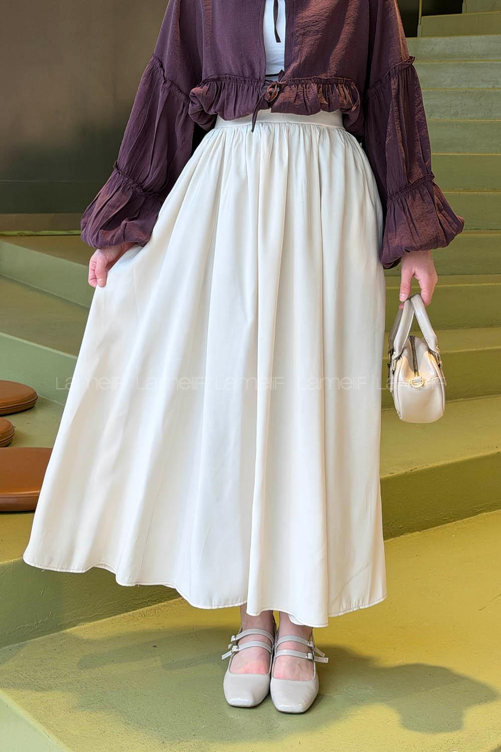 Lamelif Bel Lastikli Cep Detaylı Etek Krem