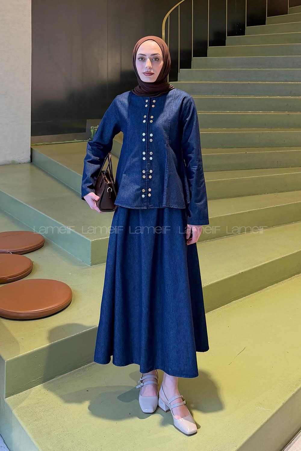 Dark Blue Crew Neck Long Arm Denim Flared Skirt Suit