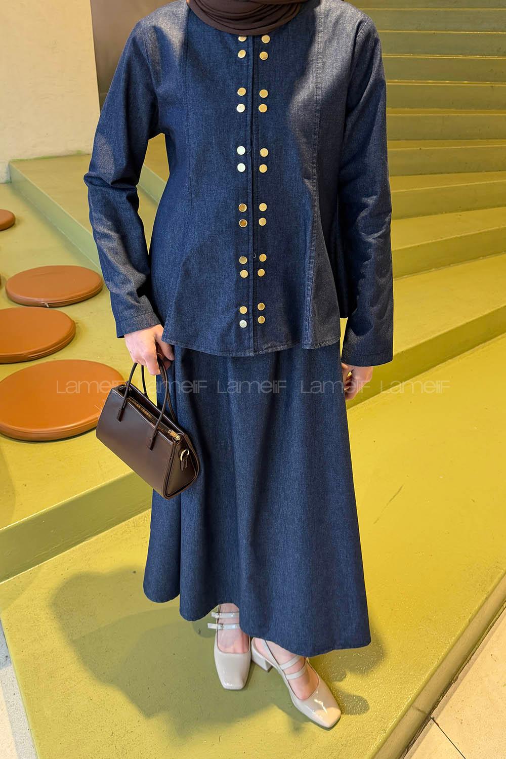 Dark Blue Crew Neck Long Arm Denim Flared Skirt Suit