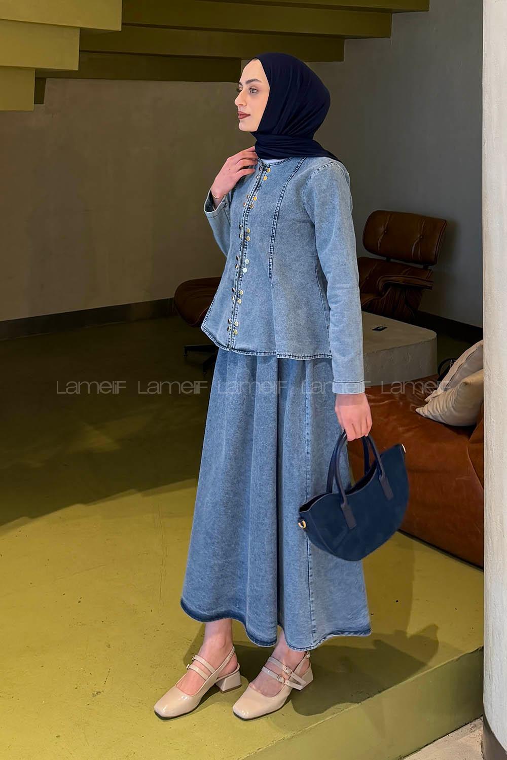 Blue Crew Neck Long Arm Denim Flared Skirt Suit