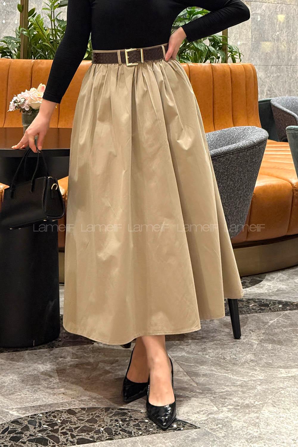 Lamelif Kemerli Büzgülü Etek Haki