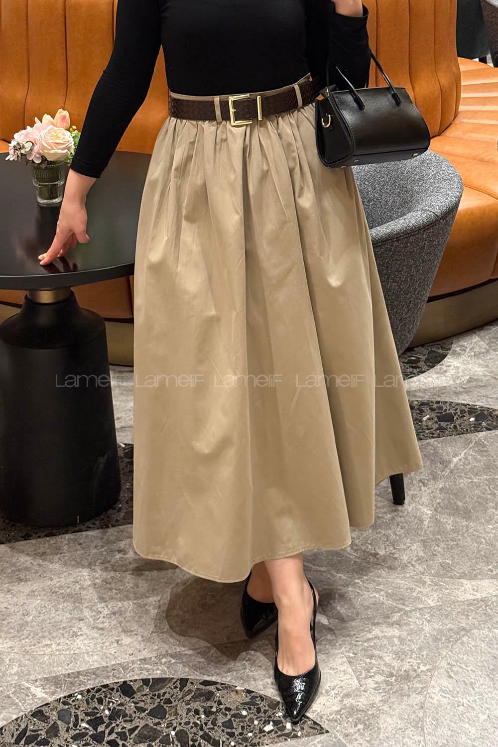 Lamelif Kemerli Büzgülü Etek Haki