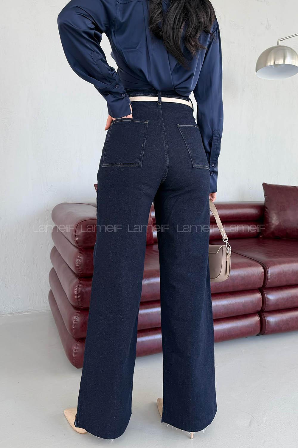 Lamelif Kesik Paça Jean Koyu Mavi