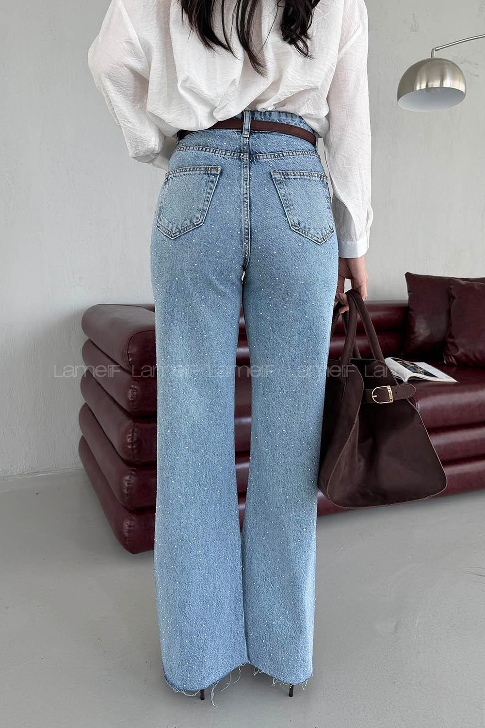 Lamelif Palazzo Taş Detaylı Jean Açık Mavi