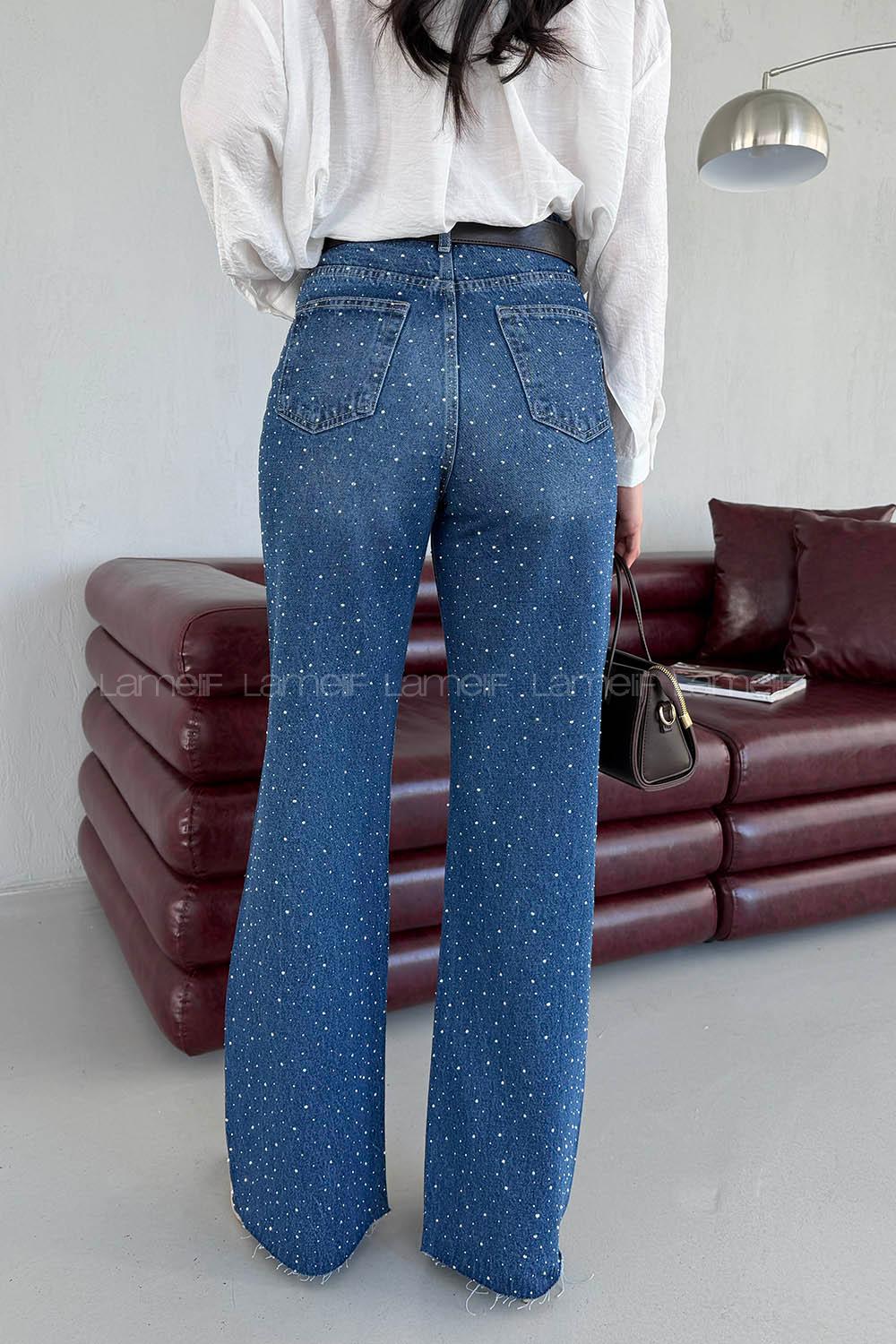 Lamelif Palazzo Taş Detaylı Jean Koyu Mavi