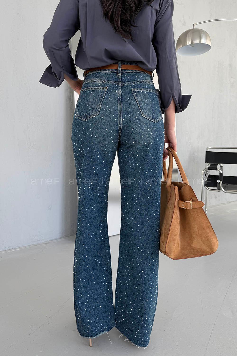 Lamelif Palazzo Taş Detaylı Jean Koyu Mavi Yeşil Tintli