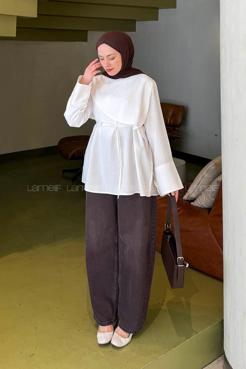 Lamelif Pelerin Detaylı Tunik Beyaz