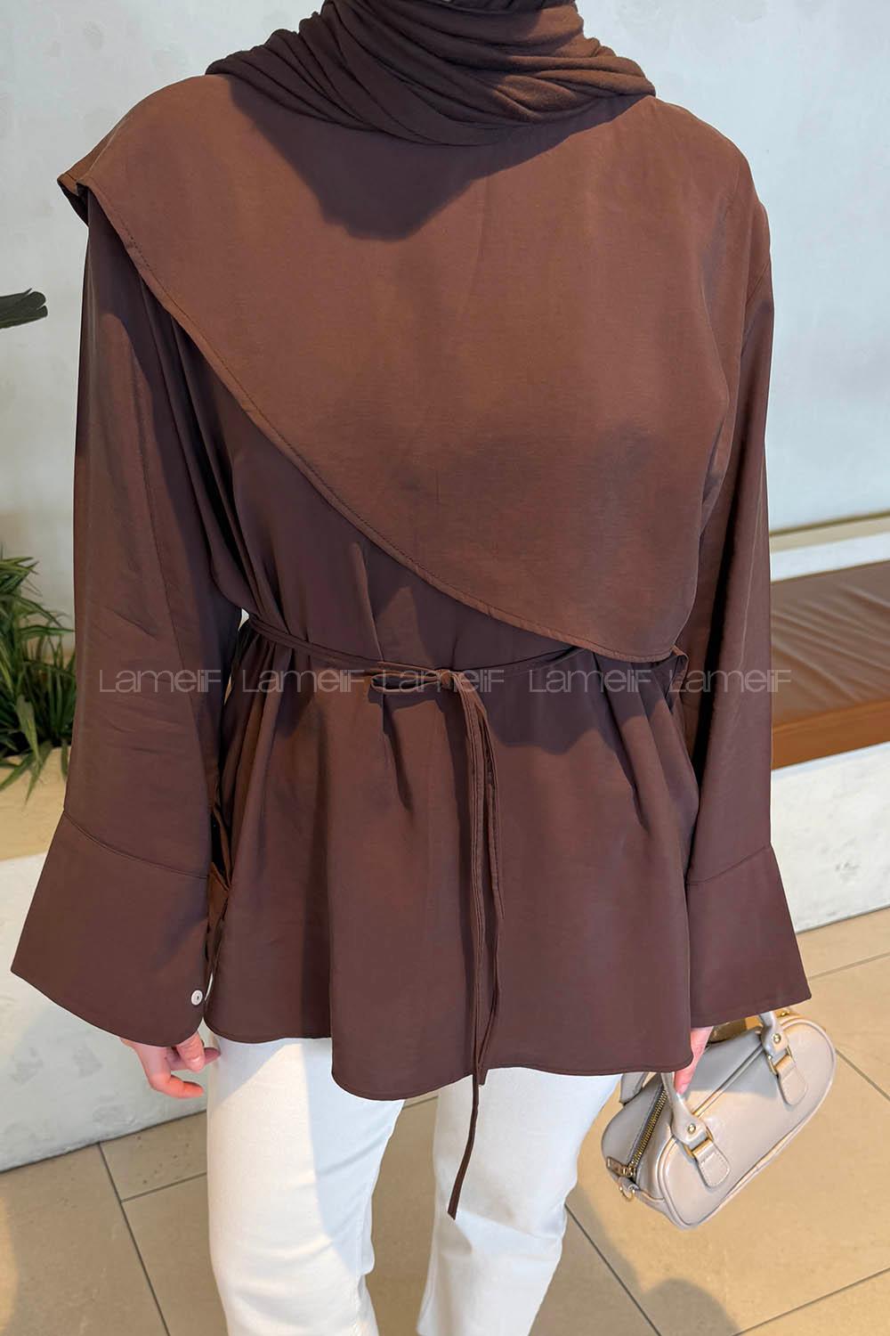 Lamelif Pelerin Detaylı Tunik Kahverengi