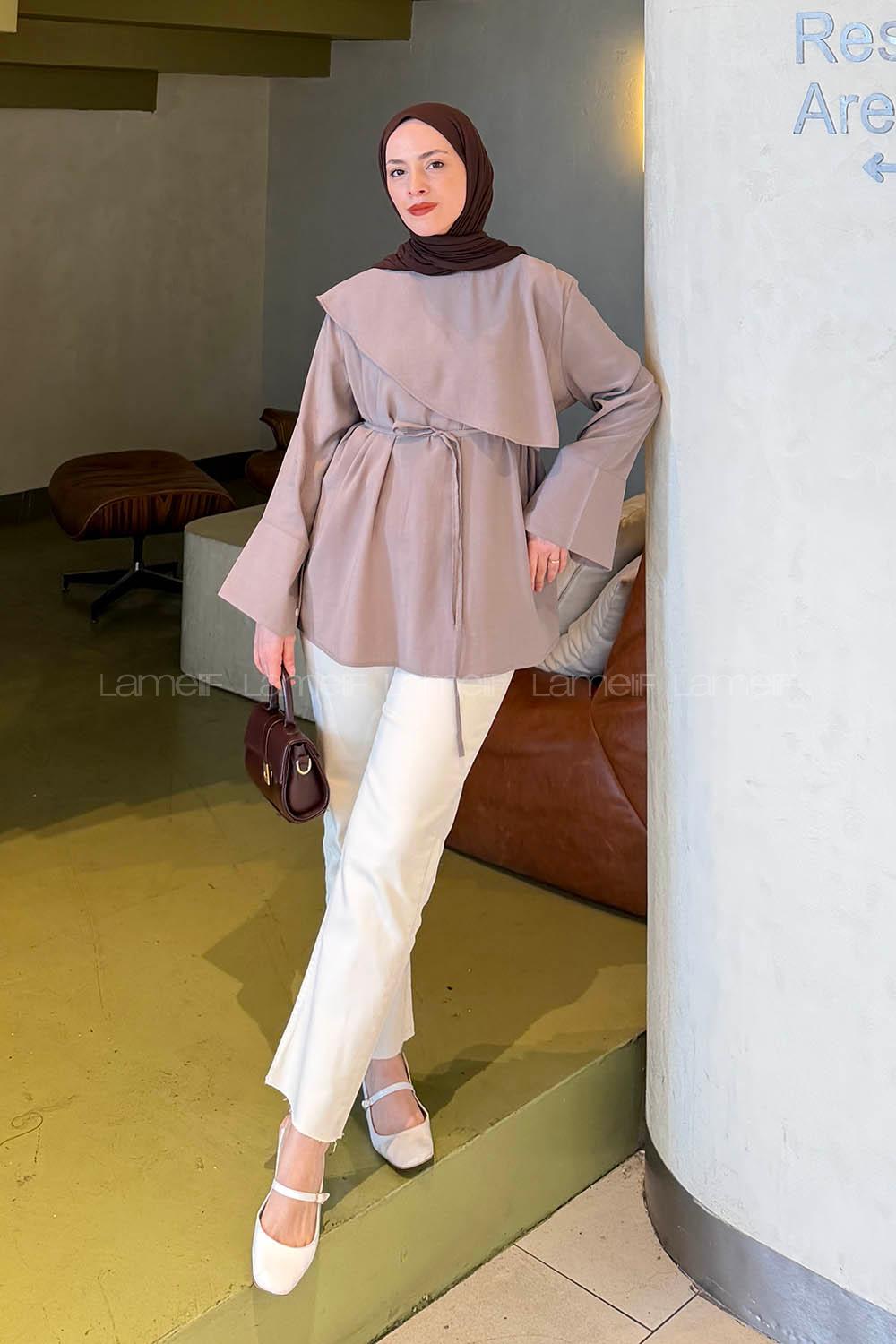 Lamelif Pelerin Detaylı Tunik Vizonrengi