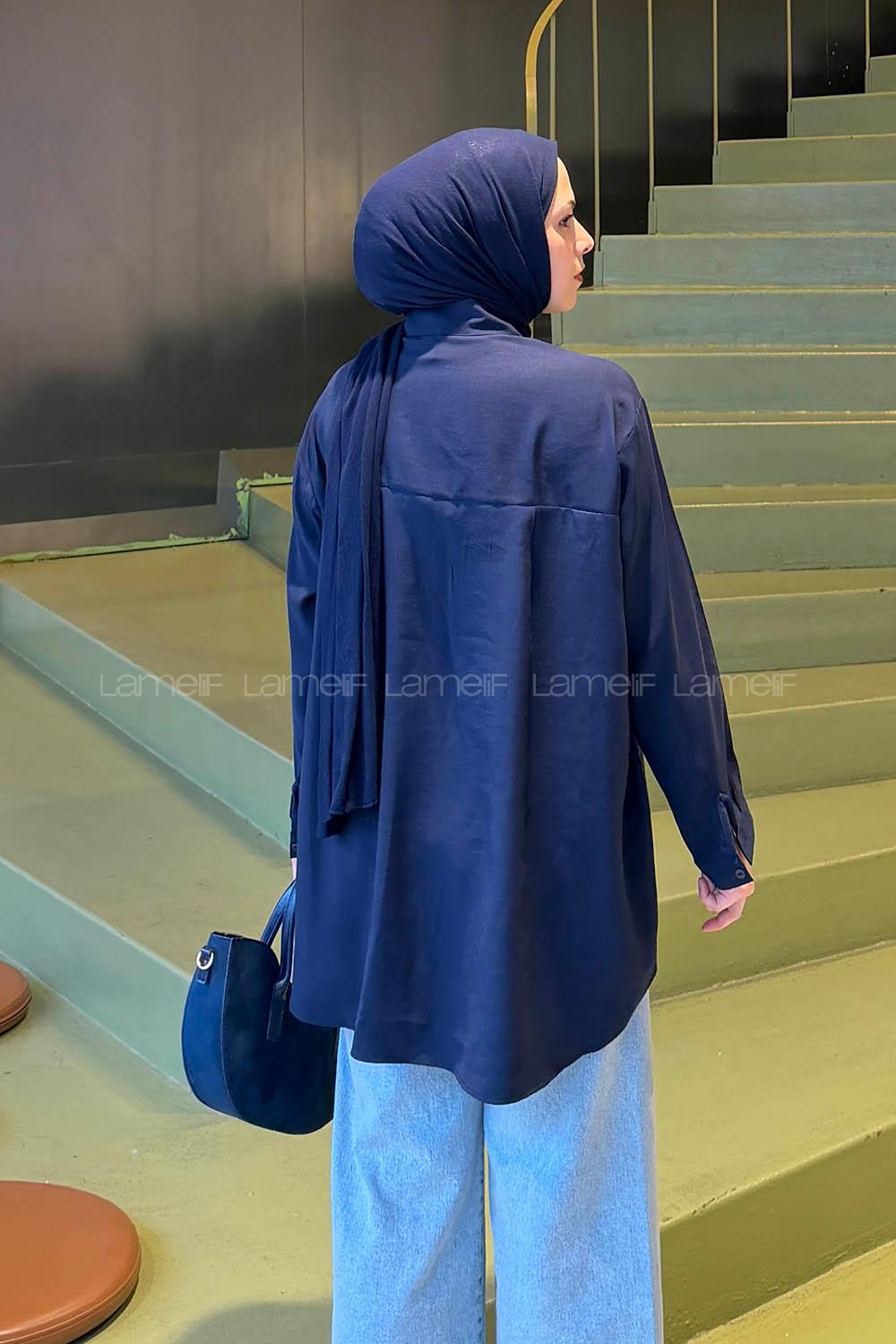 Navy Blue Shirt Collar Long Arm Poplin Fabric Shirt