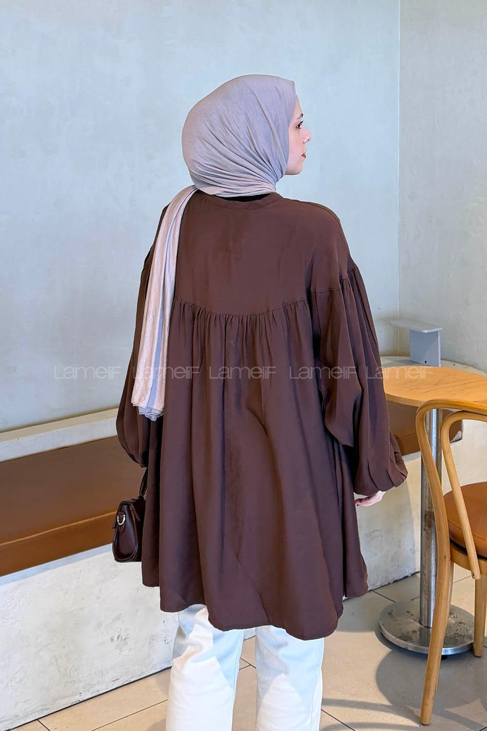 Lamelif Yakası Bağcıklı Tesettür Tunik Acı Kahve