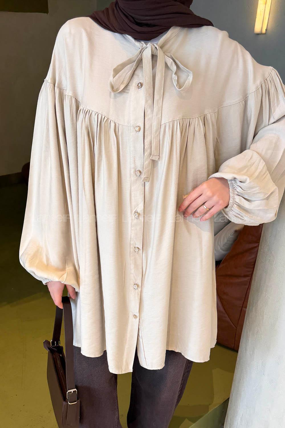 Lamelif Yakası Bağcıklı Tesettür Tunik Taş Rengi