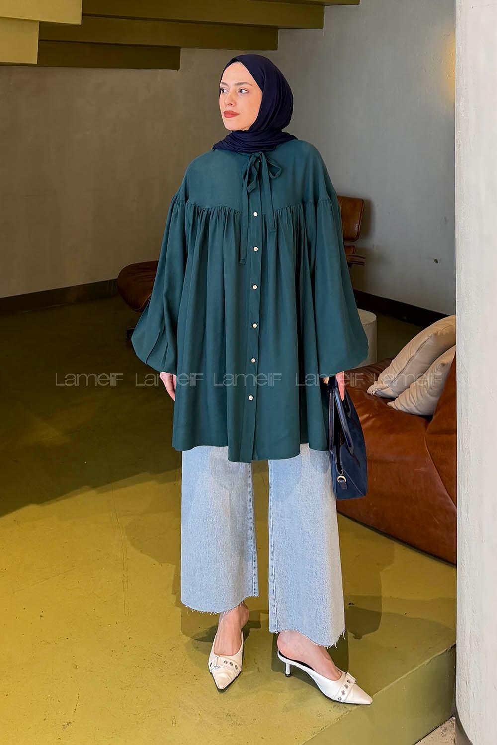 Lamelif Yakası Bağcıklı Tesettür Tunik Zümrüt Yeşili