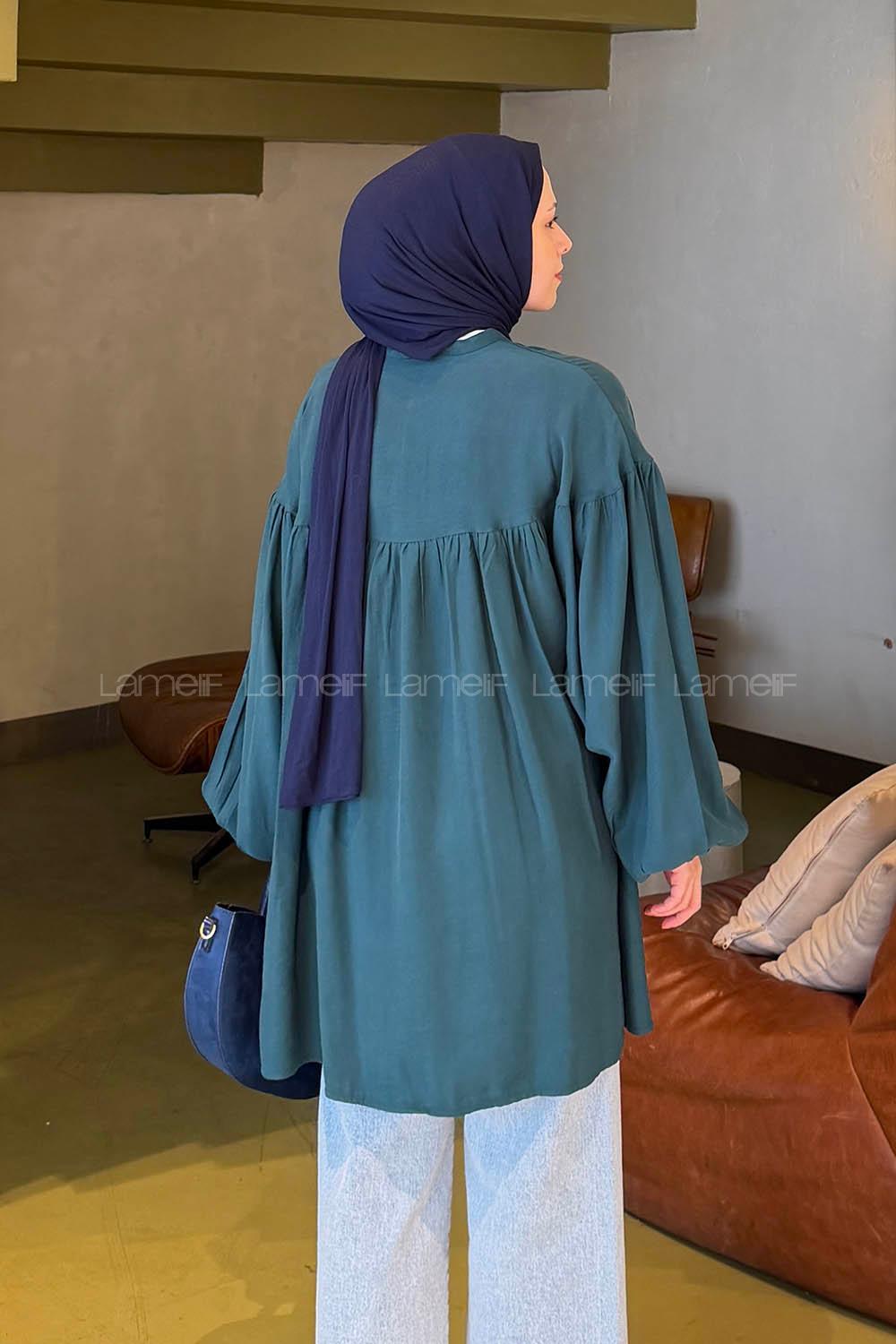 Lamelif Yakası Bağcıklı Tesettür Tunik Zümrüt Yeşili