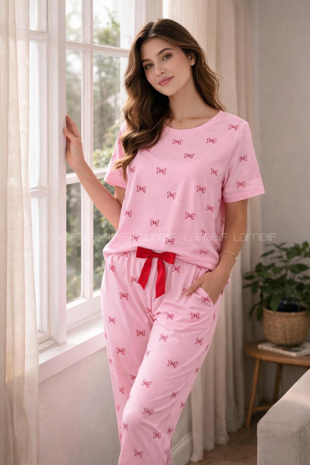 Lamelif Kadın Milan Kumaş Kurdele Desenli Pijama Takımı