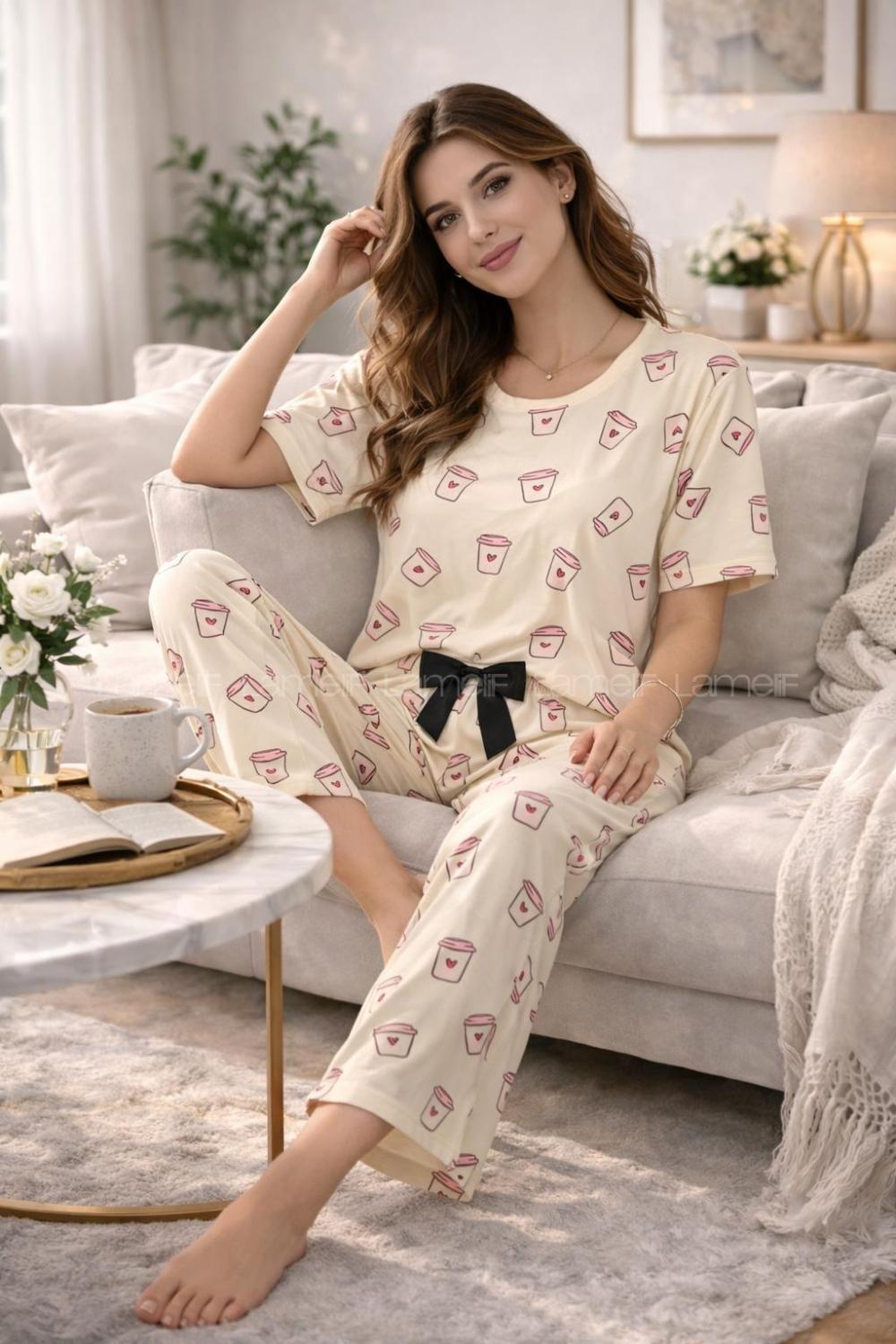 Lamelif Kadın Milan Kumaş  Latte Love Desenli Pijama Takımı