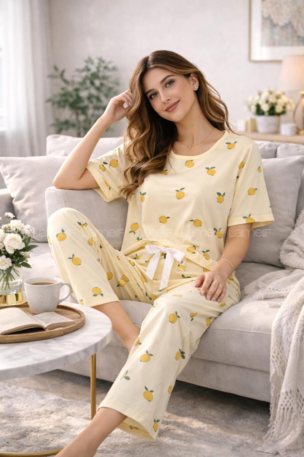 Lamelif Kadın Milan Kumaş  Lemonn Desenli Pijama Takımı