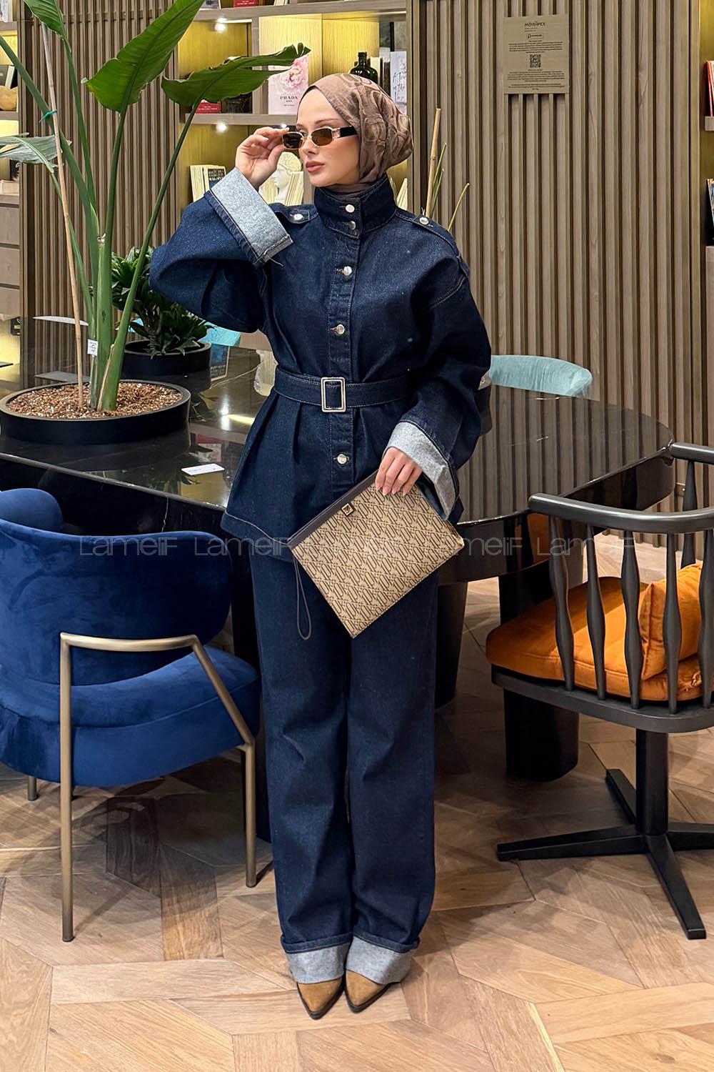 Lamelif Bağlama Detaylı İkili Kot Takım Koyu Mavi