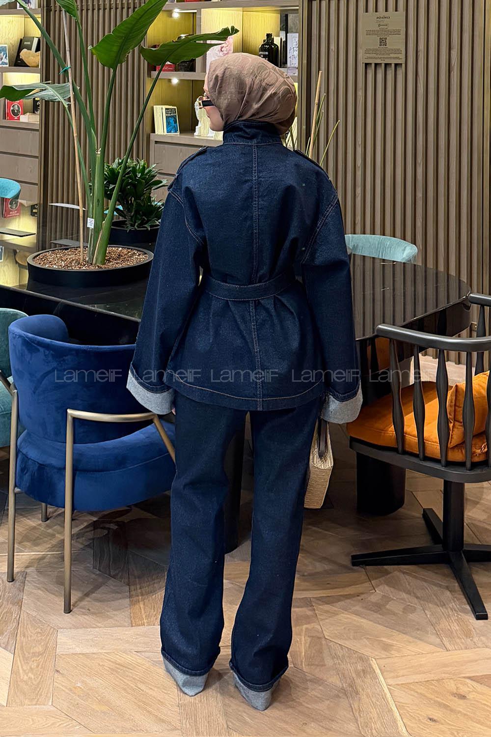 Lamelif Bağlama Detaylı İkili Kot Takım Koyu Mavi