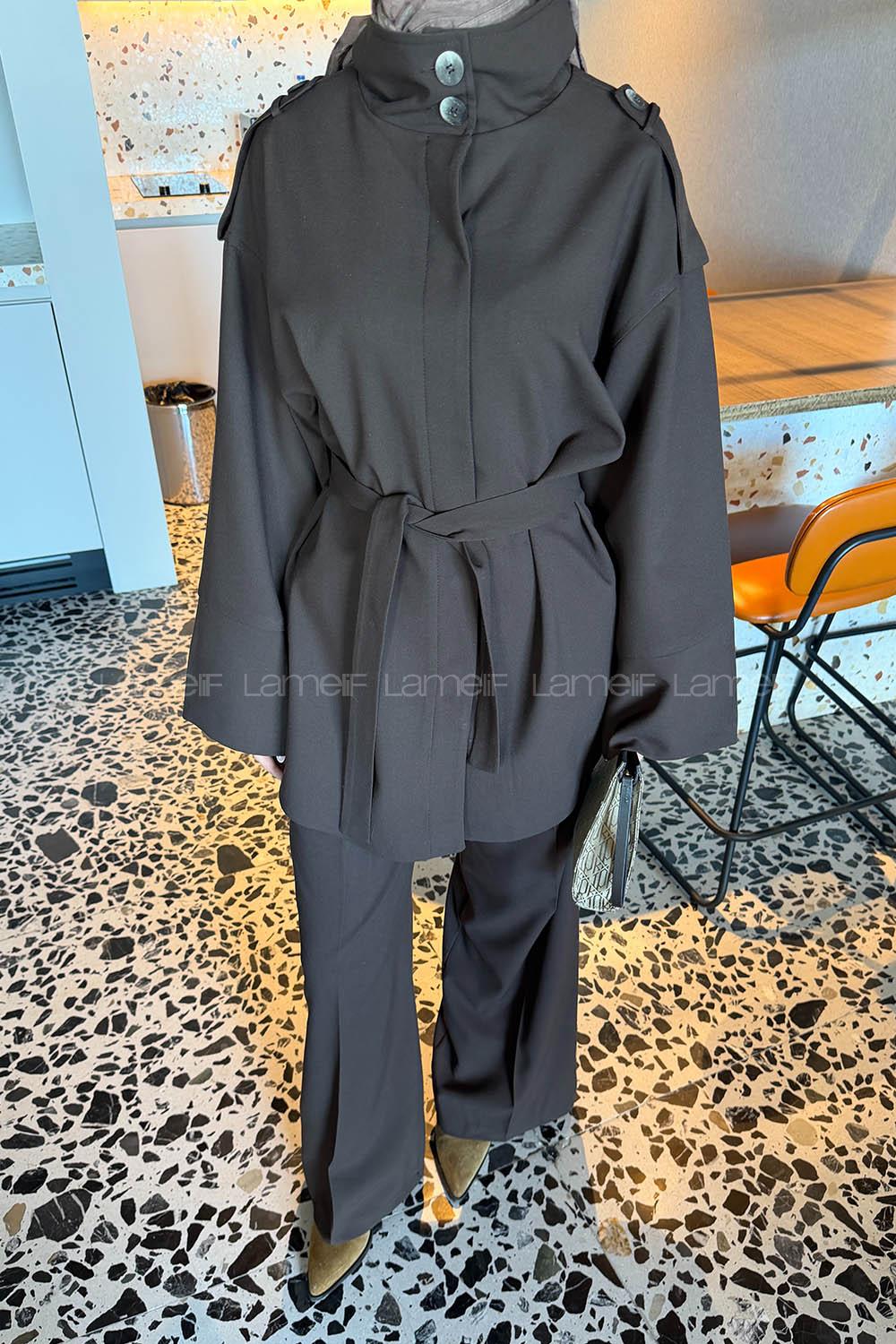 Lamelif Bağlama Detaylı İkili Takım Acı Kahve