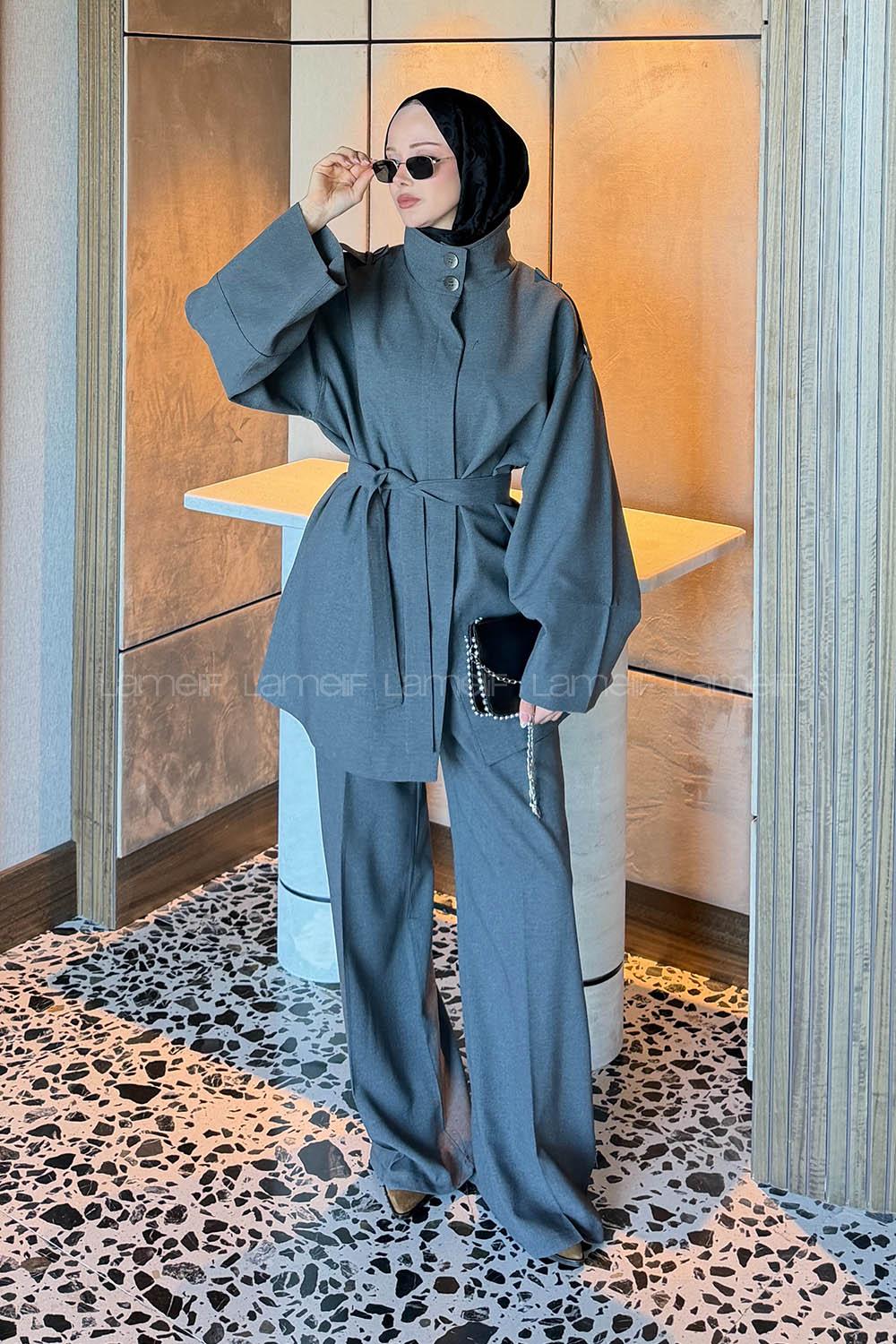 Lamelif Bağlama Detaylı İkili Takım Gri