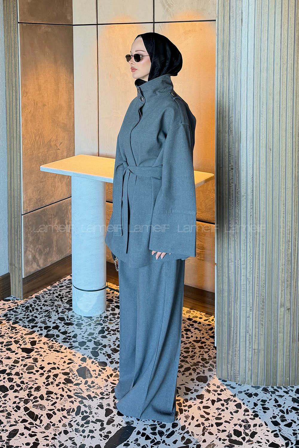 Lamelif Bağlama Detaylı İkili Takım Gri