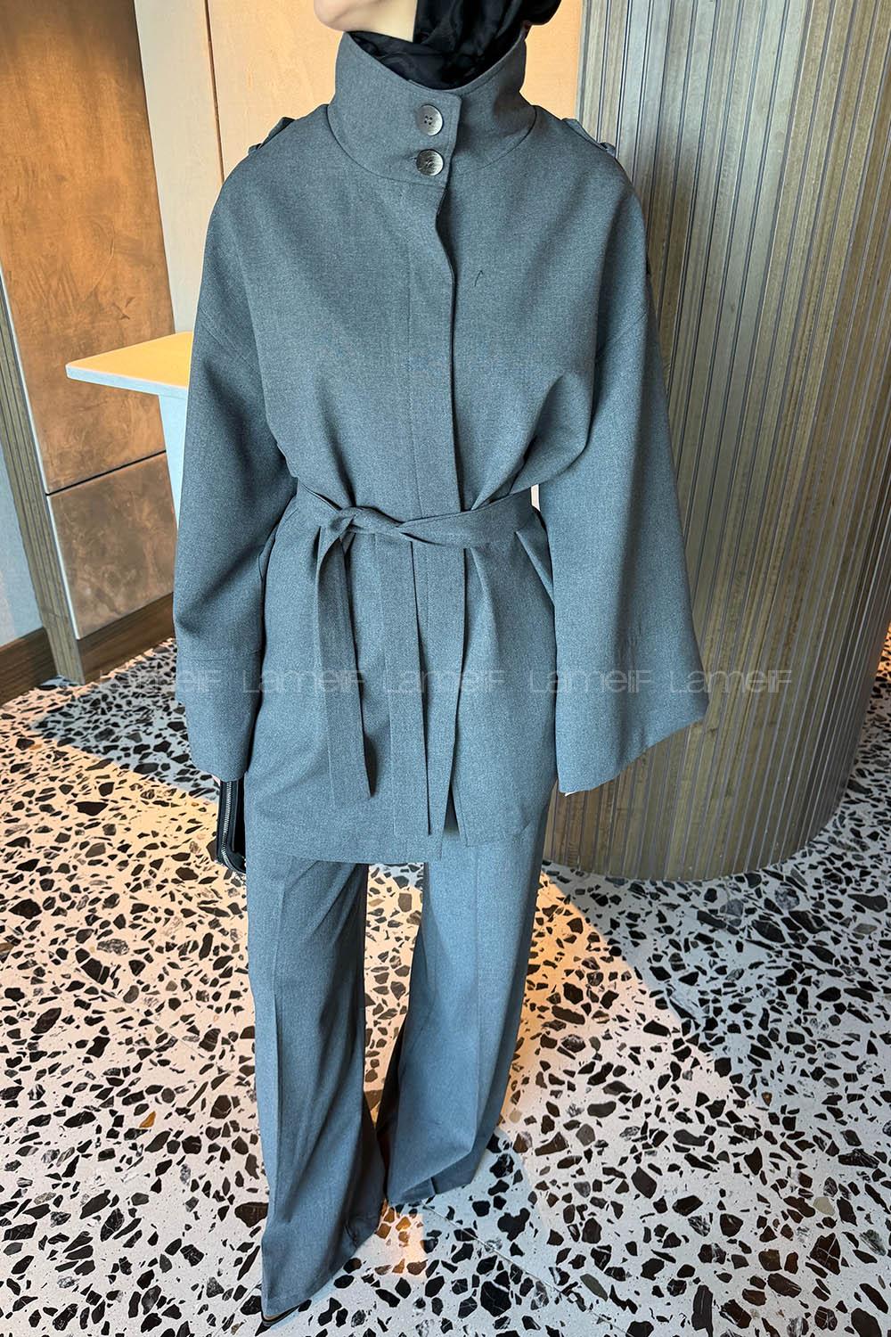 Lamelif Bağlama Detaylı İkili Takım Gri