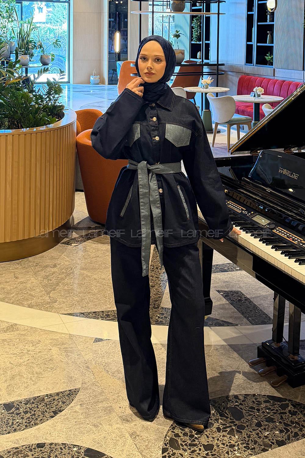 Lamelif Bağlama Detaylı Kot Takım Kot Mavisi